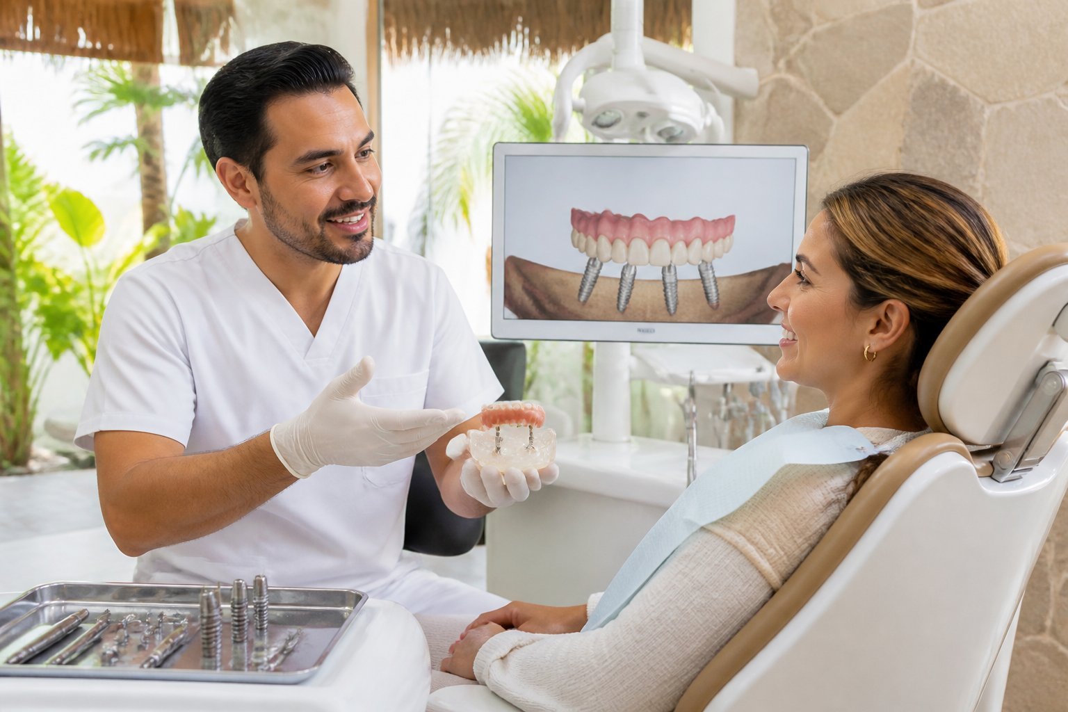 A dentist consults with a patient about full-arch dental implants in a modern Mexican clinic.